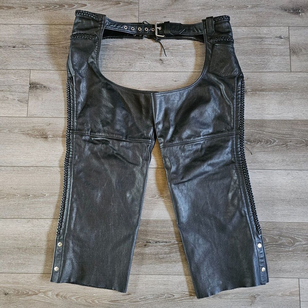 Mens FMC Black Braided Leather Motorcycle Chaps 2X Adjustable 38-45'' Side Zip